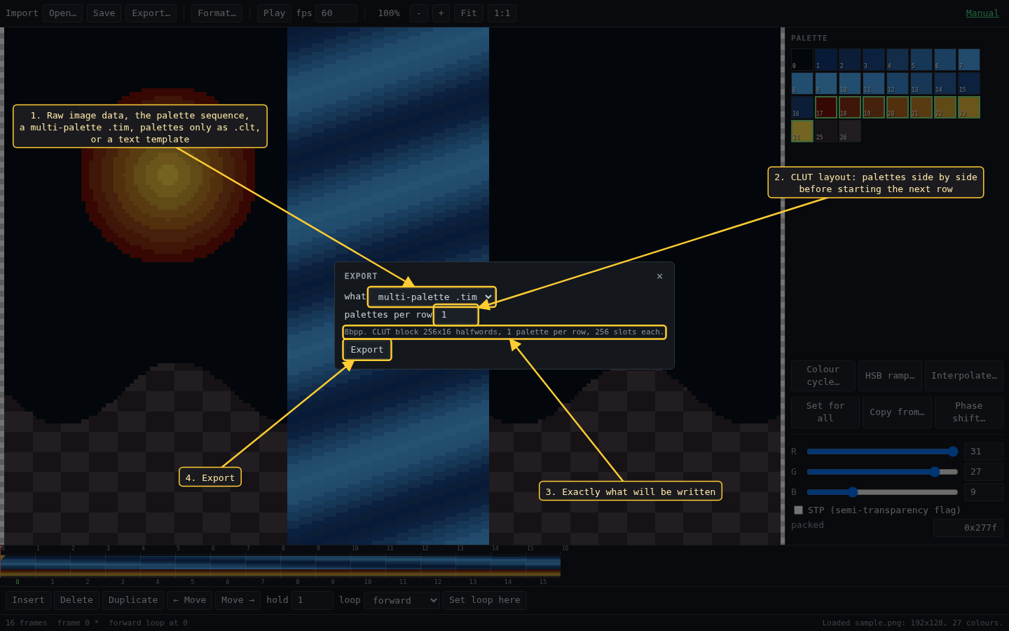 the export dialog set to a multi-palette TIM